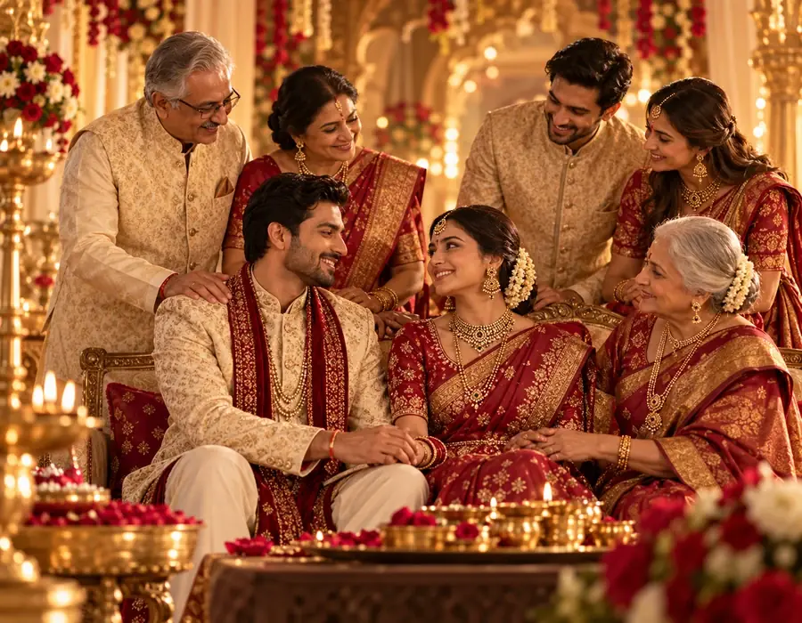 Indian family blessing a bride and groom